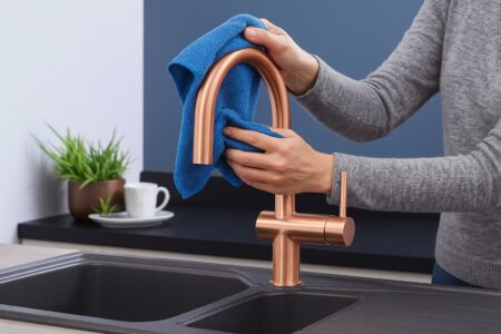 Livorno Kitchen Tap - Copper being cleaned with a microfiber cloth.