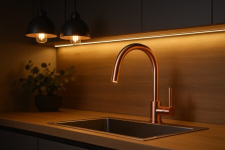 A copper tap softly lit by layered lighting.